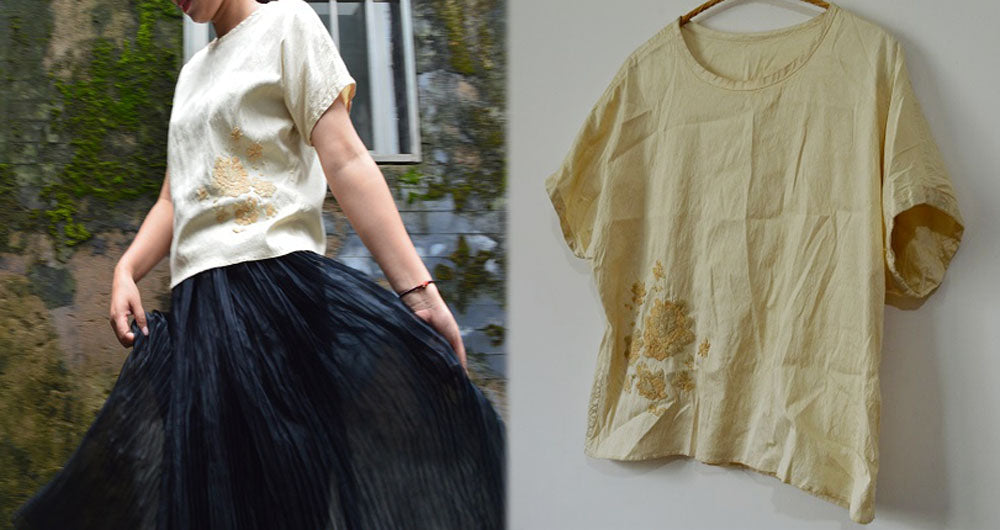 edoa Distressed Pure Dupioni Silk Blouse with Hand Embroidery