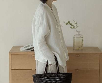 edoa Off White Linen Tie Blouse