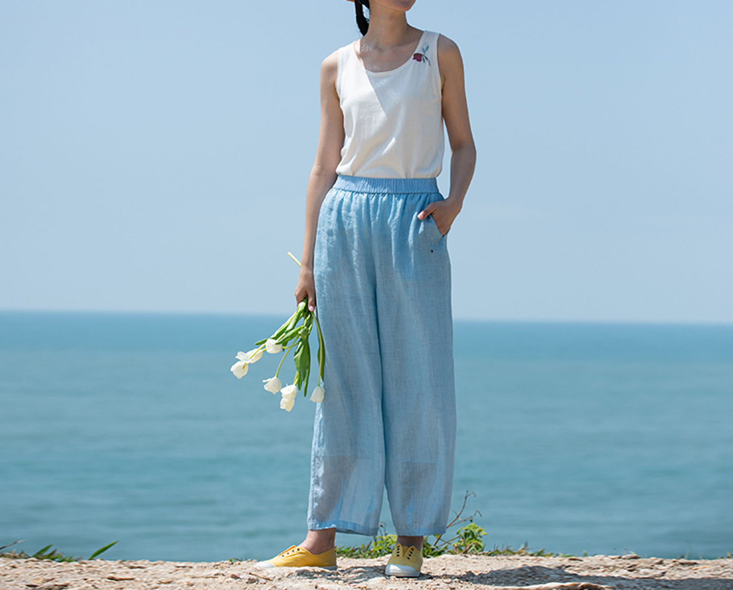 edoa Thin High Count Ramie Pintuck Waist Lantern Pants 
