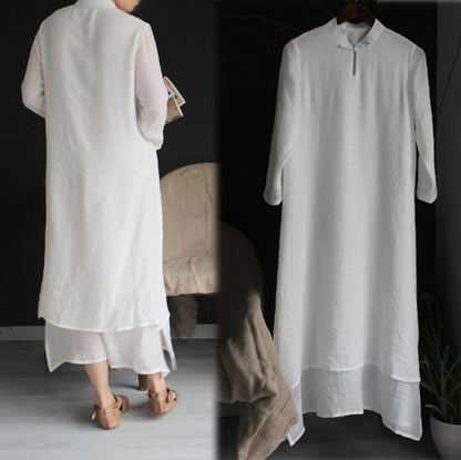 edoa Silk Linen Blend Ivory Qipao Dress