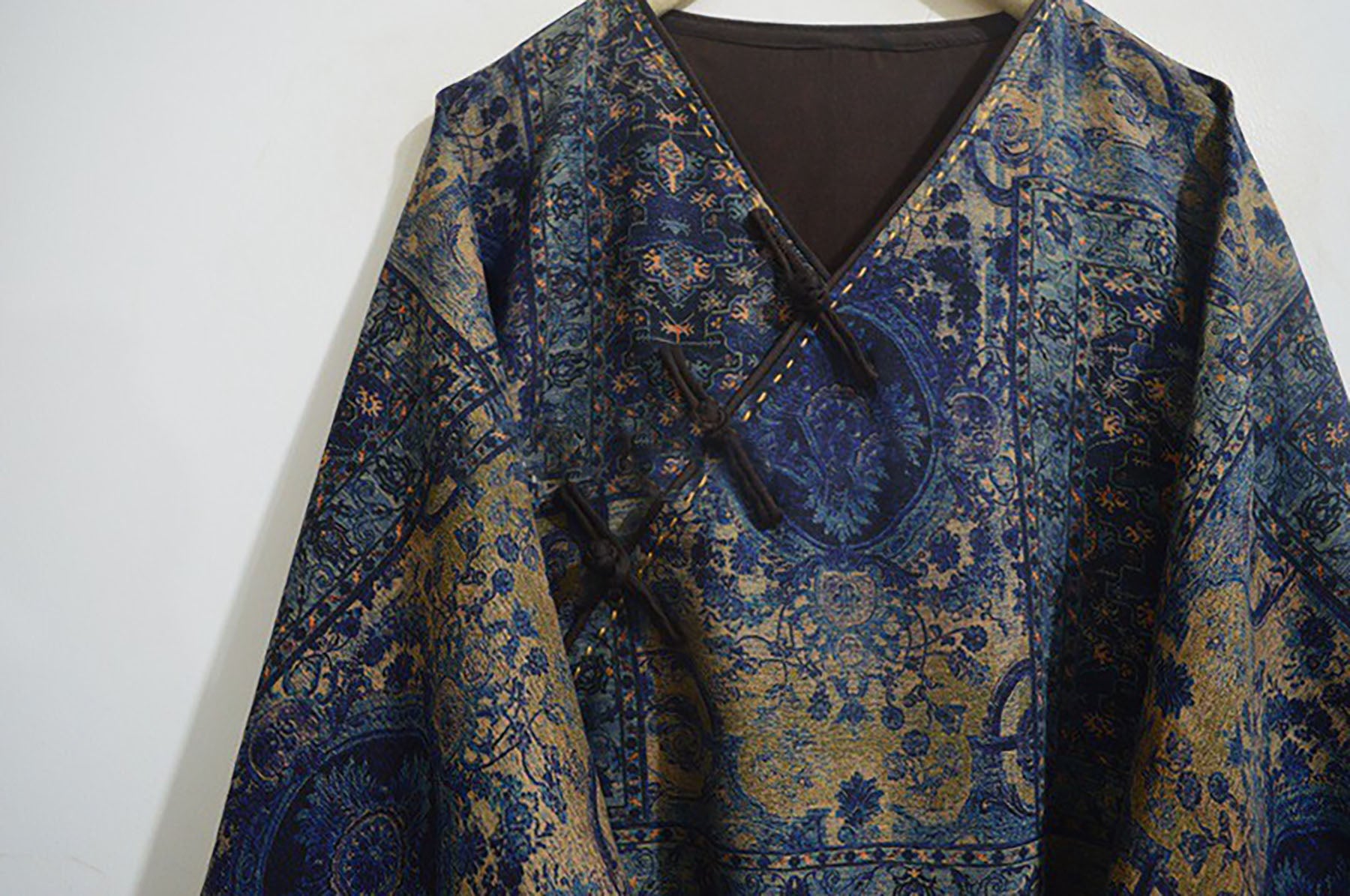 edoa Loose Fitting Printed Mud Silk V-neck Chinese Tunic
