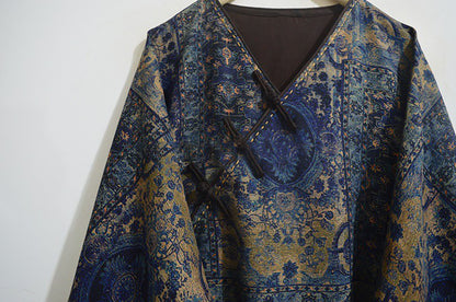 edoa Loose Fitting Printed Mud Silk V-neck Chinese Tunic