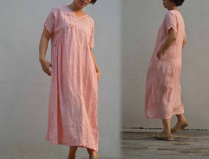 Yarn Dyed Linen Dress with Hand Embroidery dr0050 495