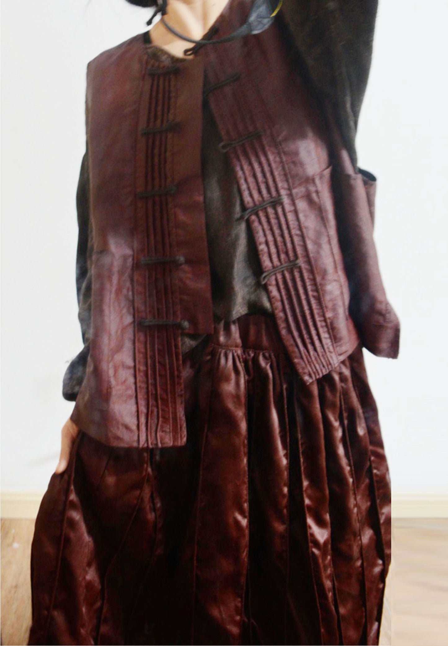 Pin Tucked Mud Silk A Line Skirt with Piping sk0059 X055