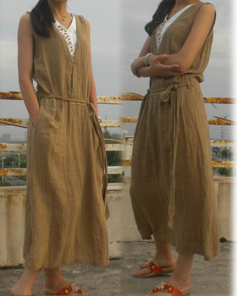 edoa Hand Embroidered Textured Ramie Mock Layer Dress
