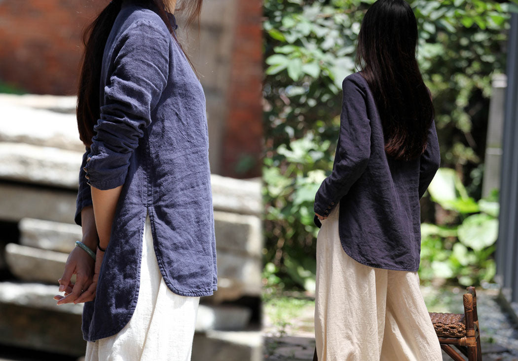 Stand Collar Washed Linen Cotton Blent Shirt to0272 166