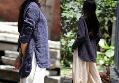 Stand Collar Washed Linen Cotton Blent Shirt to0272 166