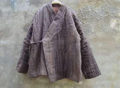 Loose Distressed Linen Cotton Blend Quilted Jacket ja0077 A336