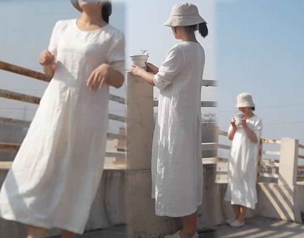 edoa Linen Pleated White Dress