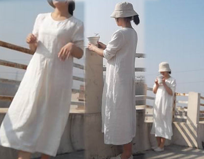 edoa Linen Pleated White Dress