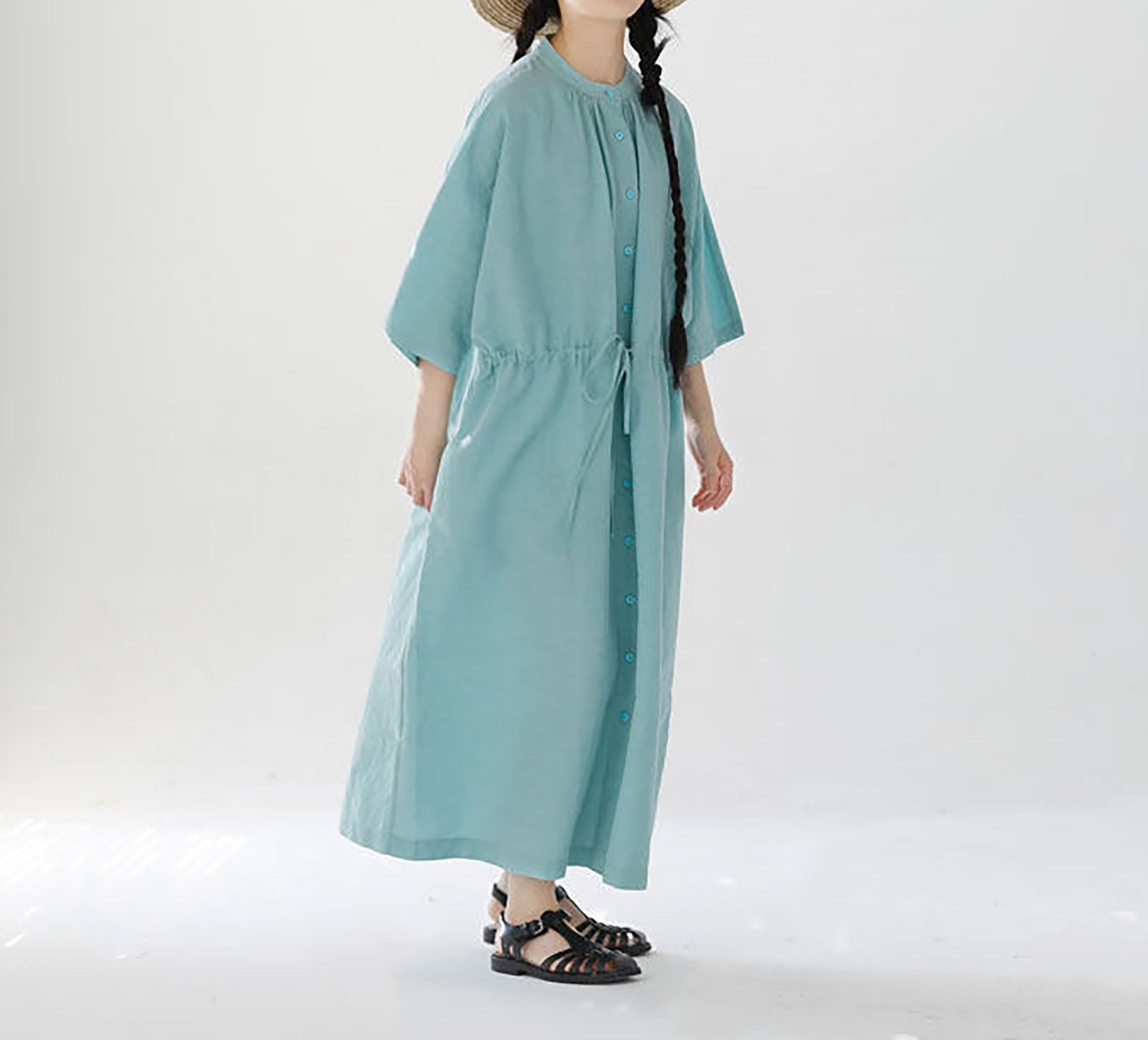 edoa Super Loose Light Blue Linen Shirtdress