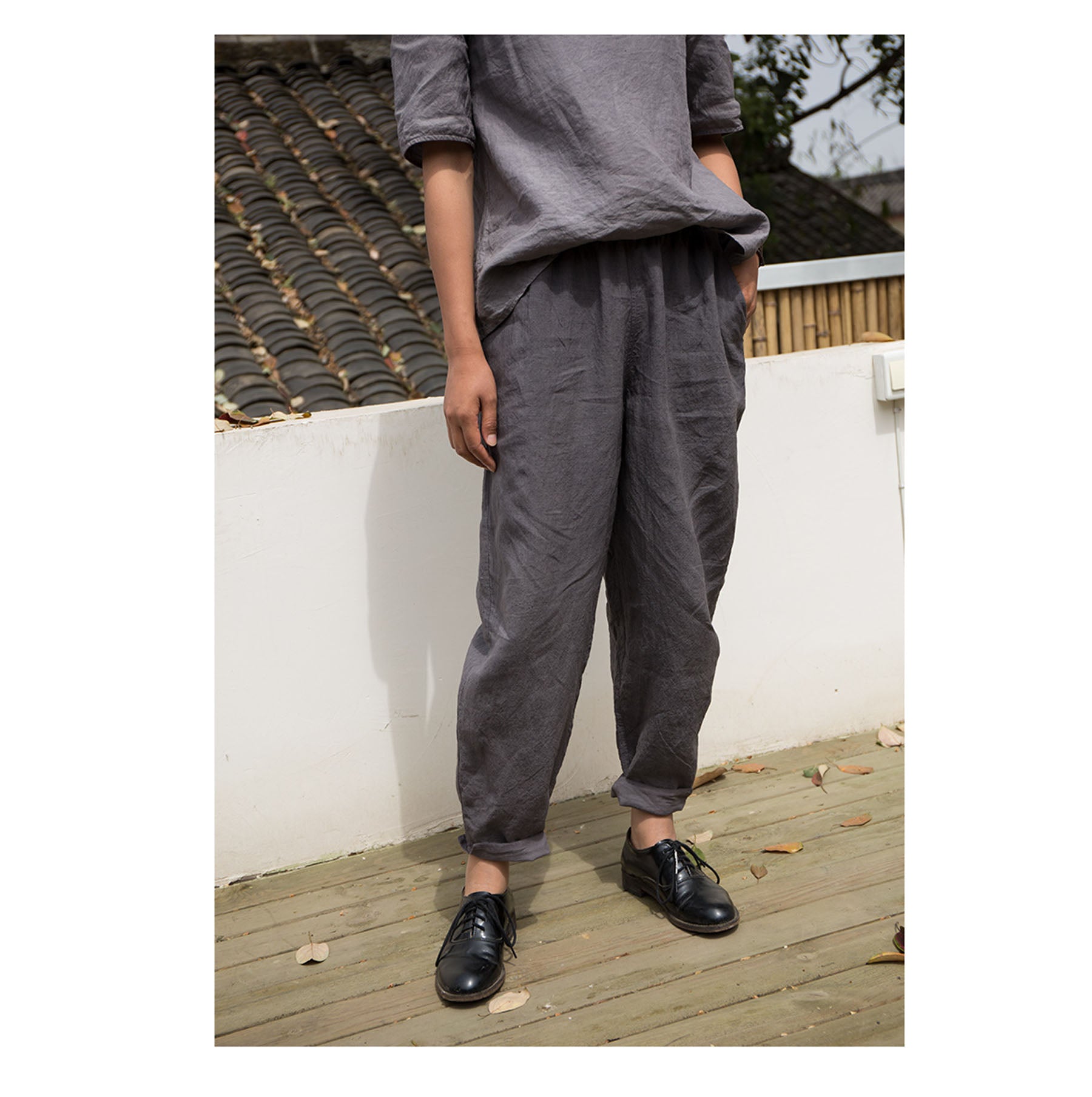 edoa Boyfriend Style French Linen Tapered Pants