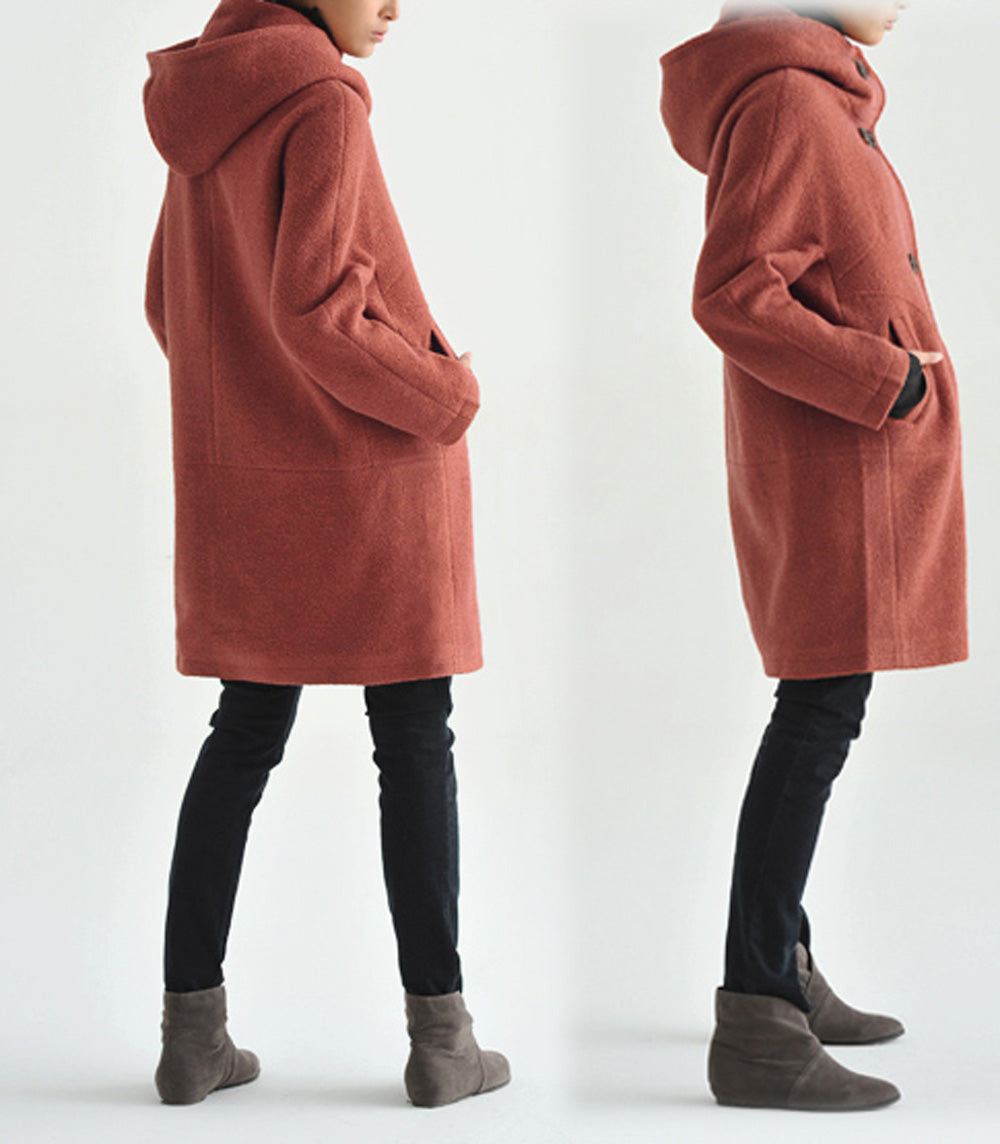 edoa Hooded Double Breasted Wool Boiucle Cocoon Coat