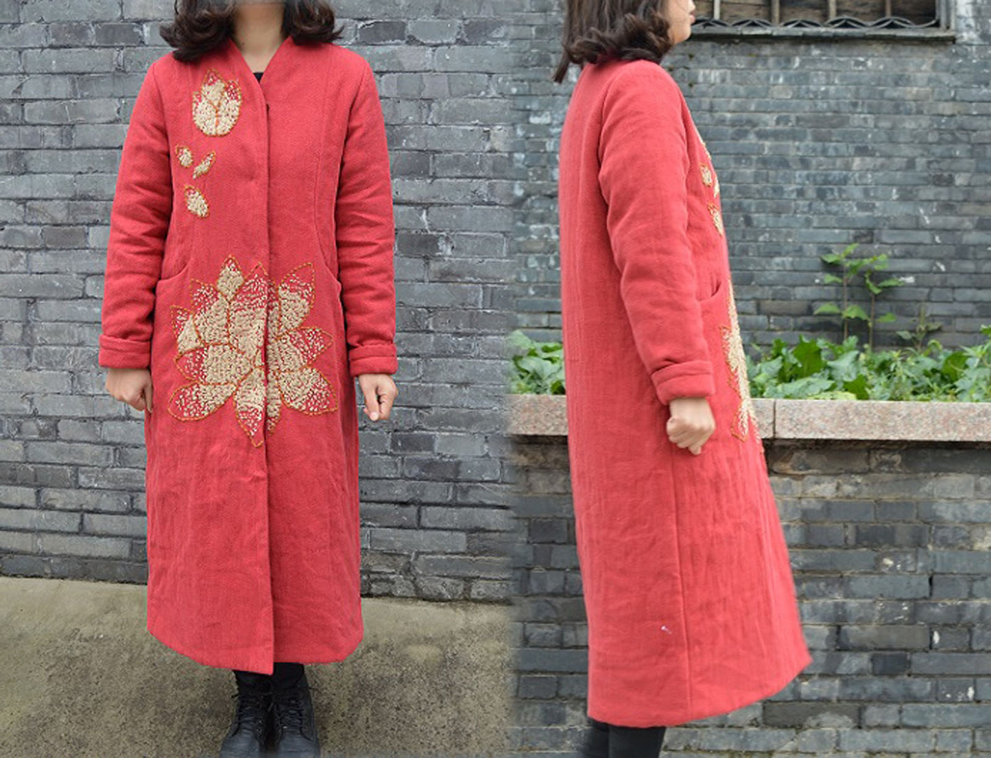 Twill Linen Padding Coat with Hand Embroidery co0209 446