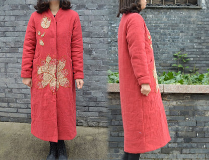 Twill Linen Padding Coat with Hand Embroidery co0209 446