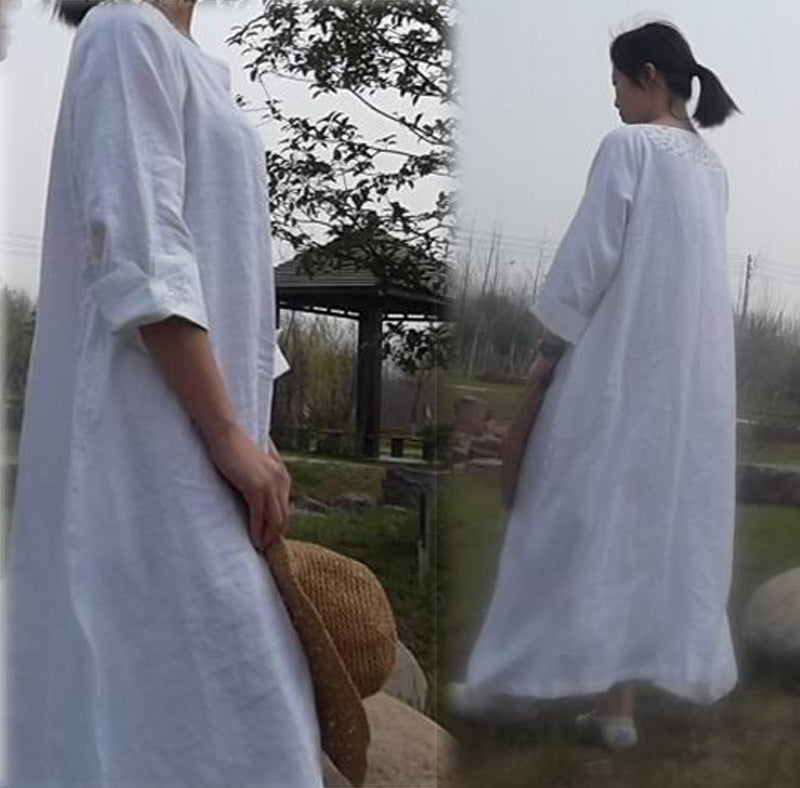 Loose Fitting Hand Embroidered White Linen Dress dr0381 017