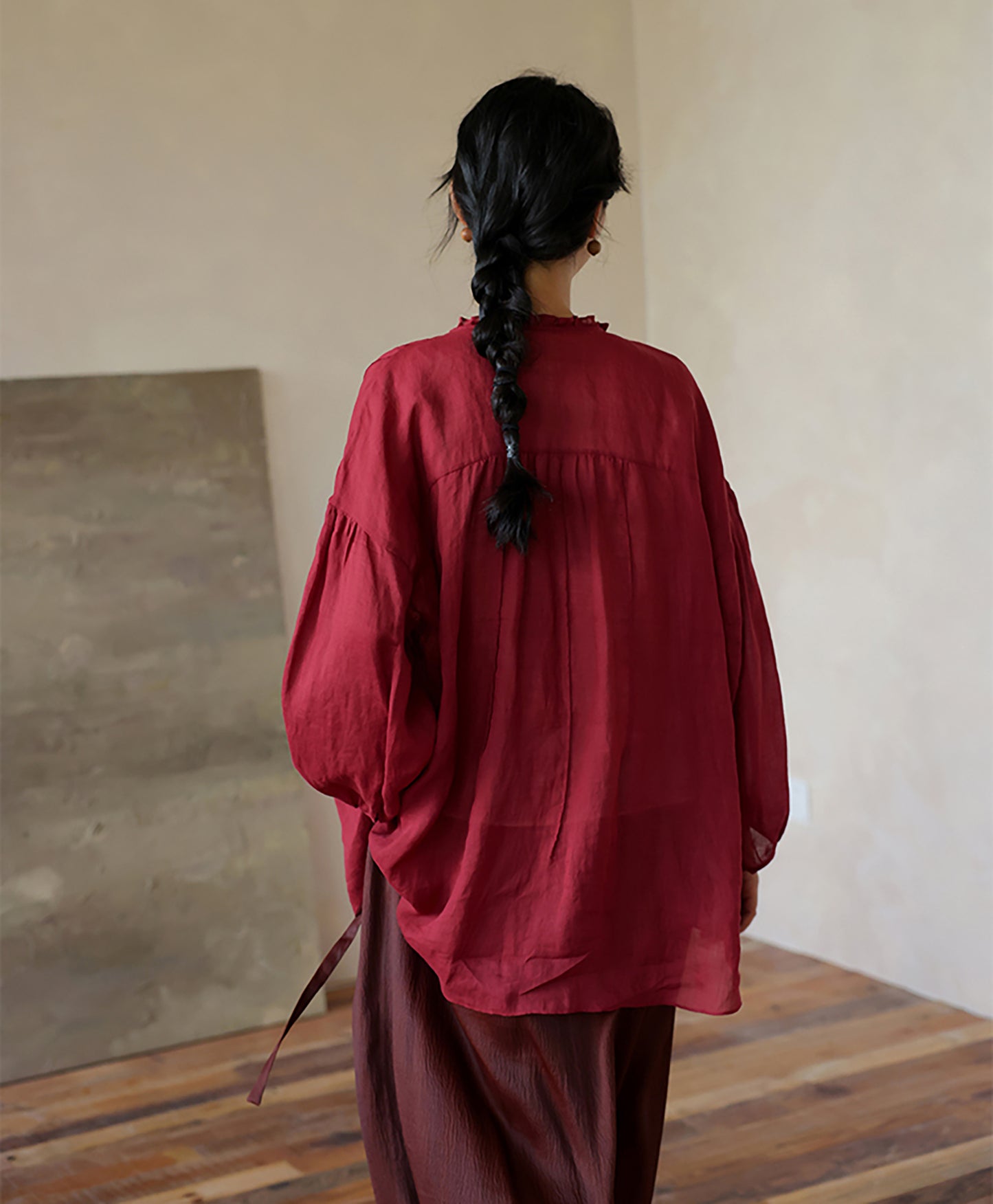 edoa Thin Ramie Pintuck Poet Blouse