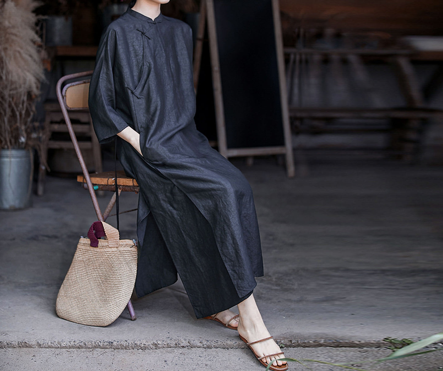 edoa Loose Fitting Cracked Mud Silk Qipao Dress 