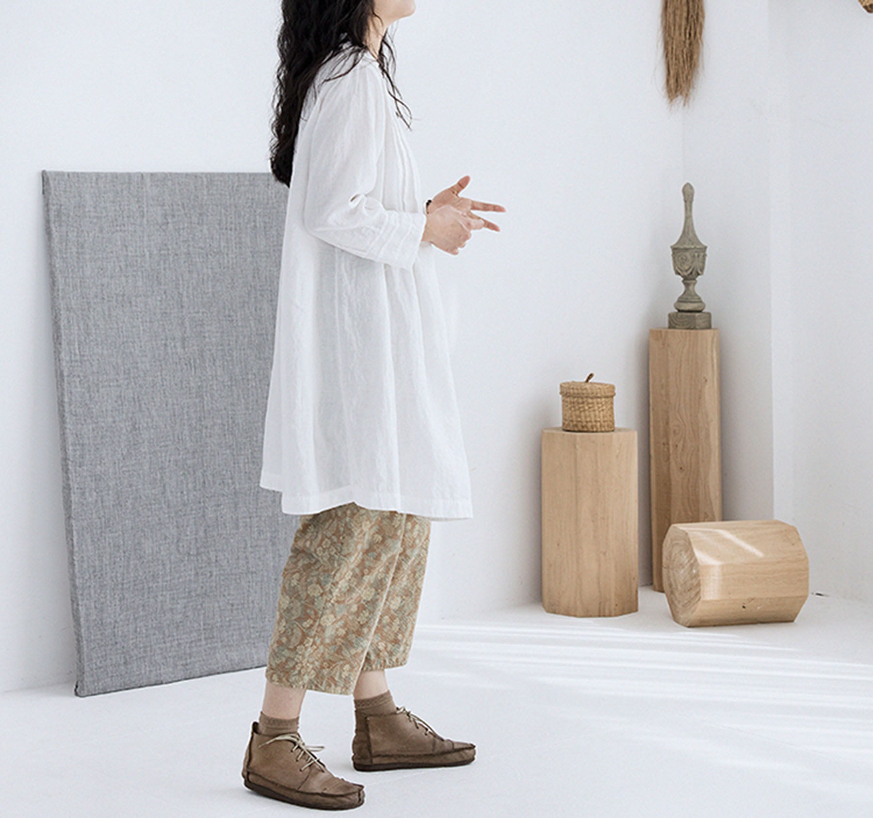 edoa Off White High Counted French Linen Pintucked Trapeze Tunic 