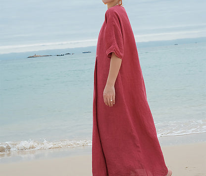 edoa French Linen Pleated Maxi Dress 