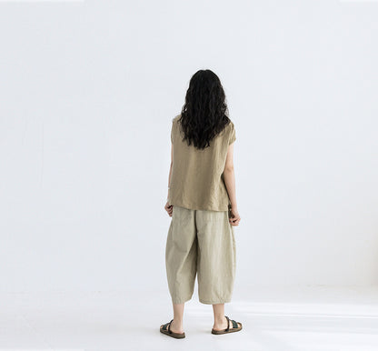 edoa Super Loose Fitting Yarn Dyed Linen V-neck Top