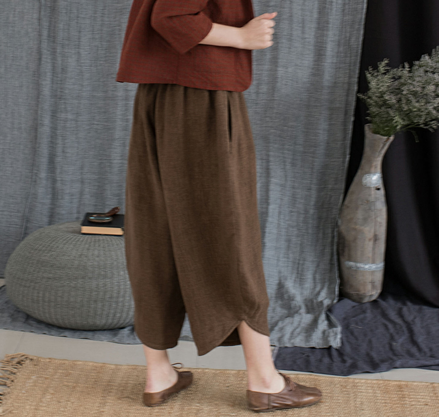edoa Brown Twill Ramie Fisherman Pants