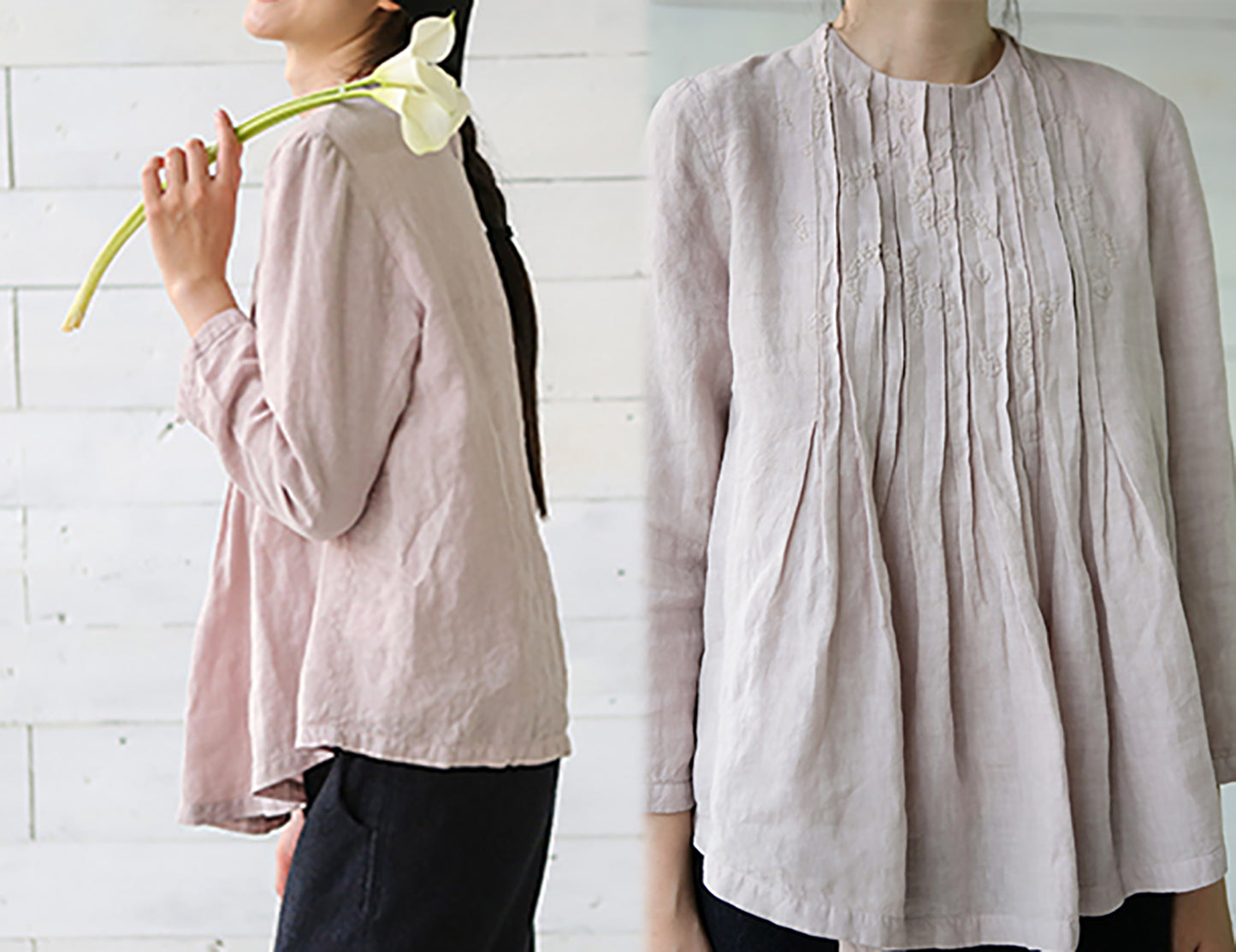 edoa Pleated Trapezed Linen Blouse with Toned Hand Embroidery