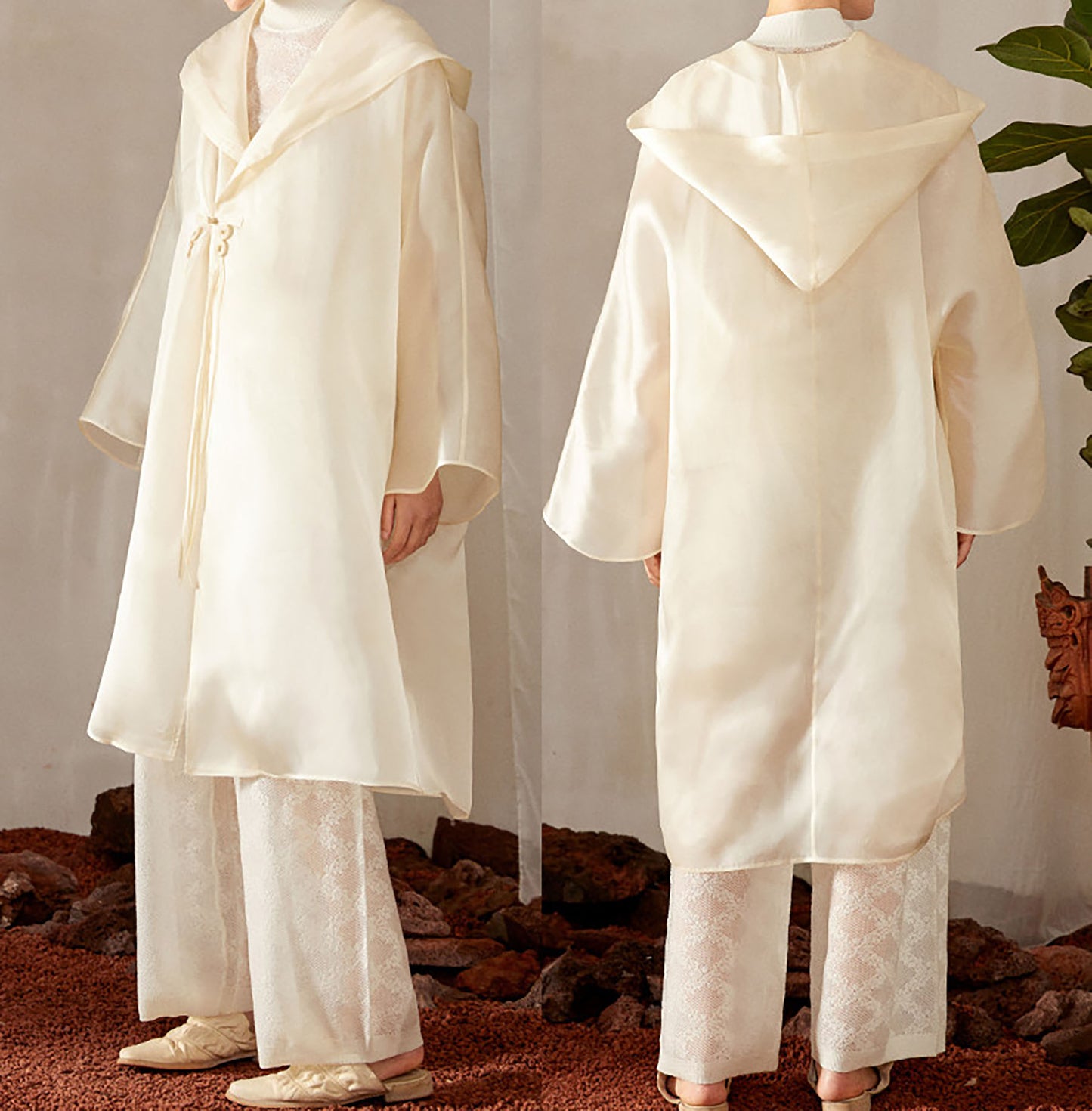 edoa Oversized Chinese Style Mulberry Silk Satin Organza Hooded Coat