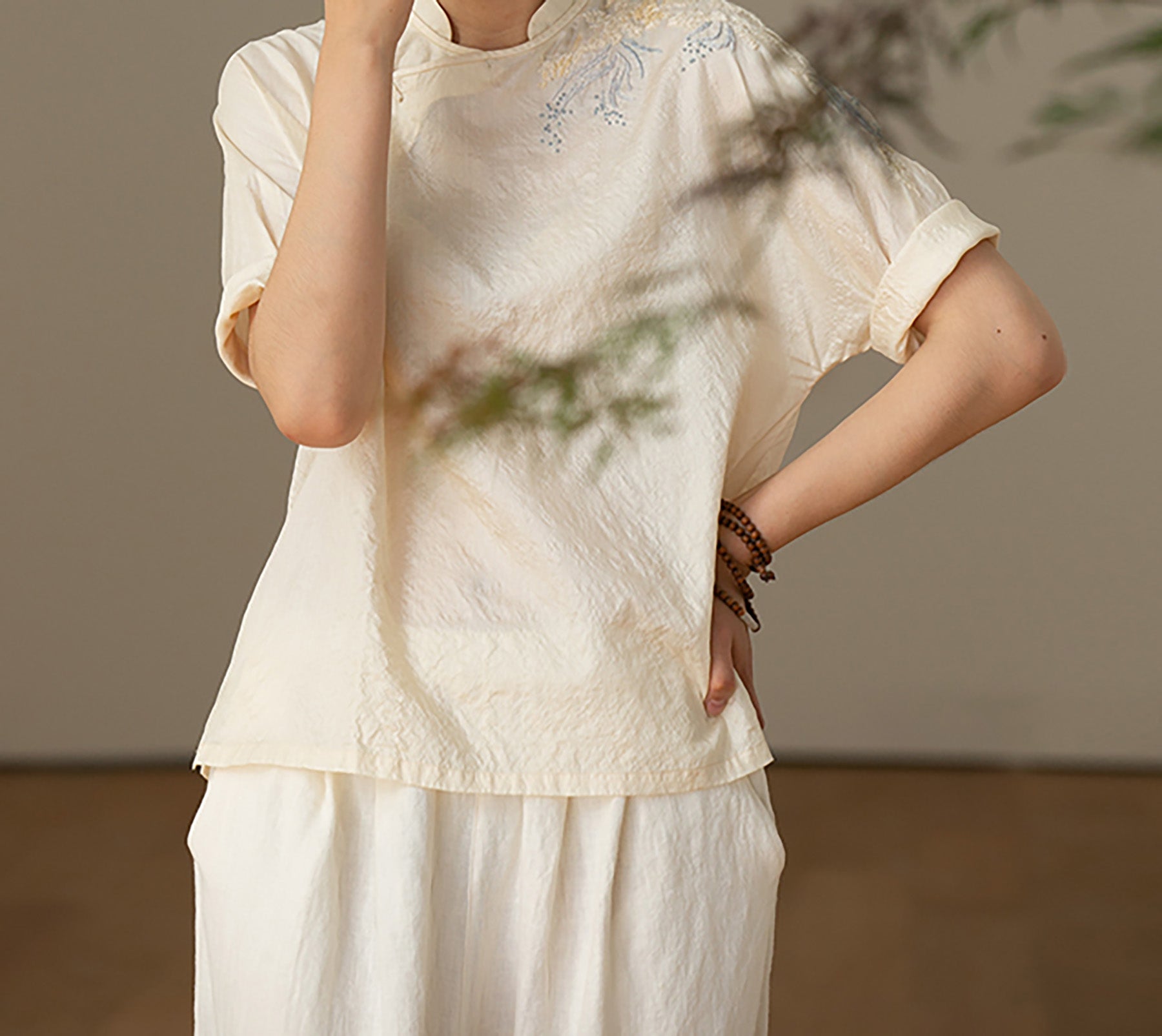 edoa Tussah Silk Hand Embroidery Chinese Blouse