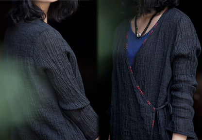 edoa Textured Linen Cardigan with Hand Embroidery