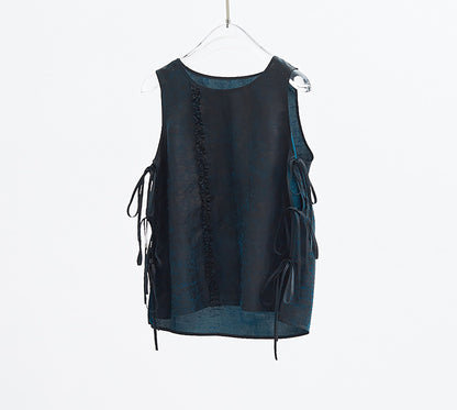 edoa Cracked Mud Silk Self-tie Top with Ruffles in Peacock Blue