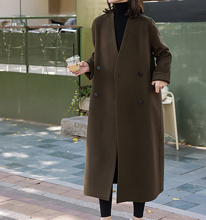edoa Double Faced Wool V-neck Double-breasted Coat