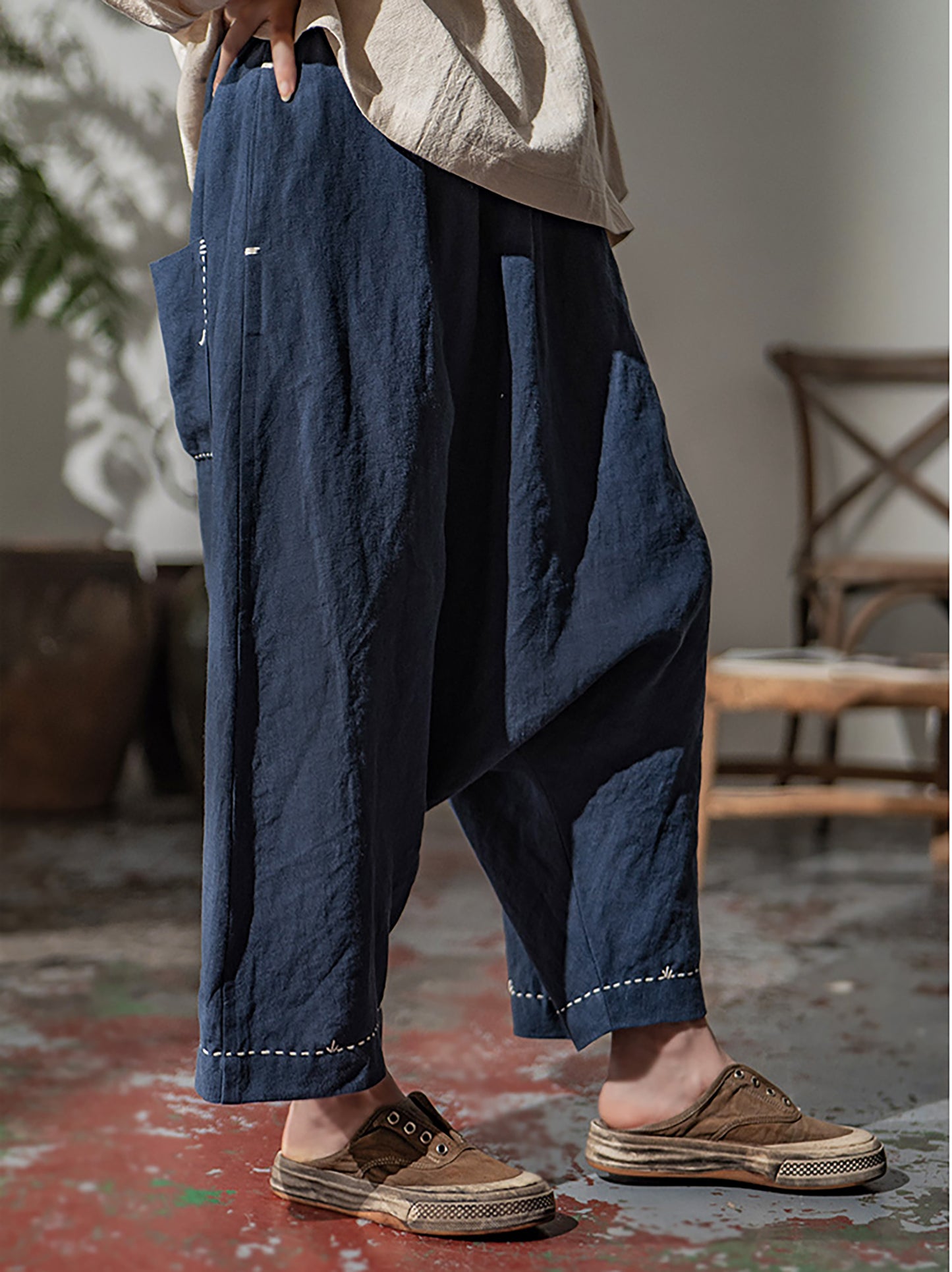 edoa Loose Drop Crotch Linen Harem Pants
