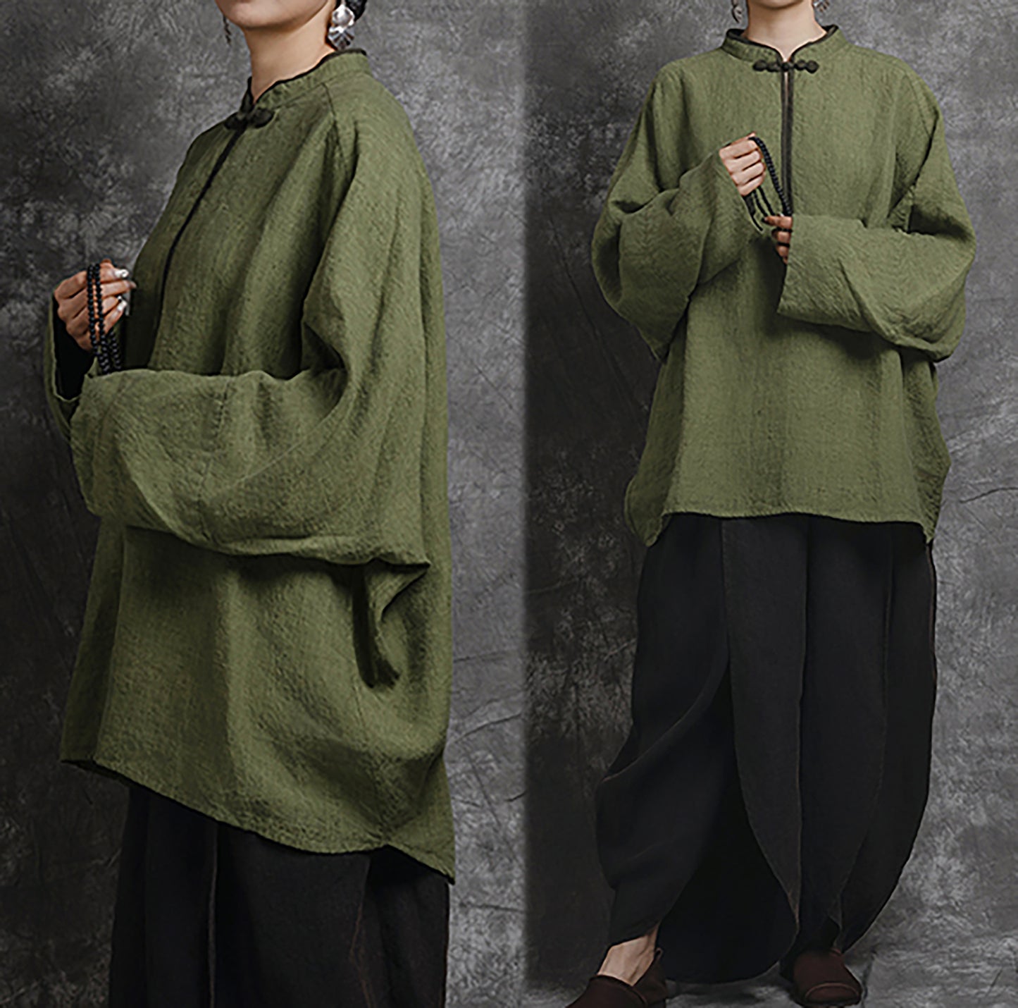 edoa Loose Yarn Dyed Linen Batwing Blouse