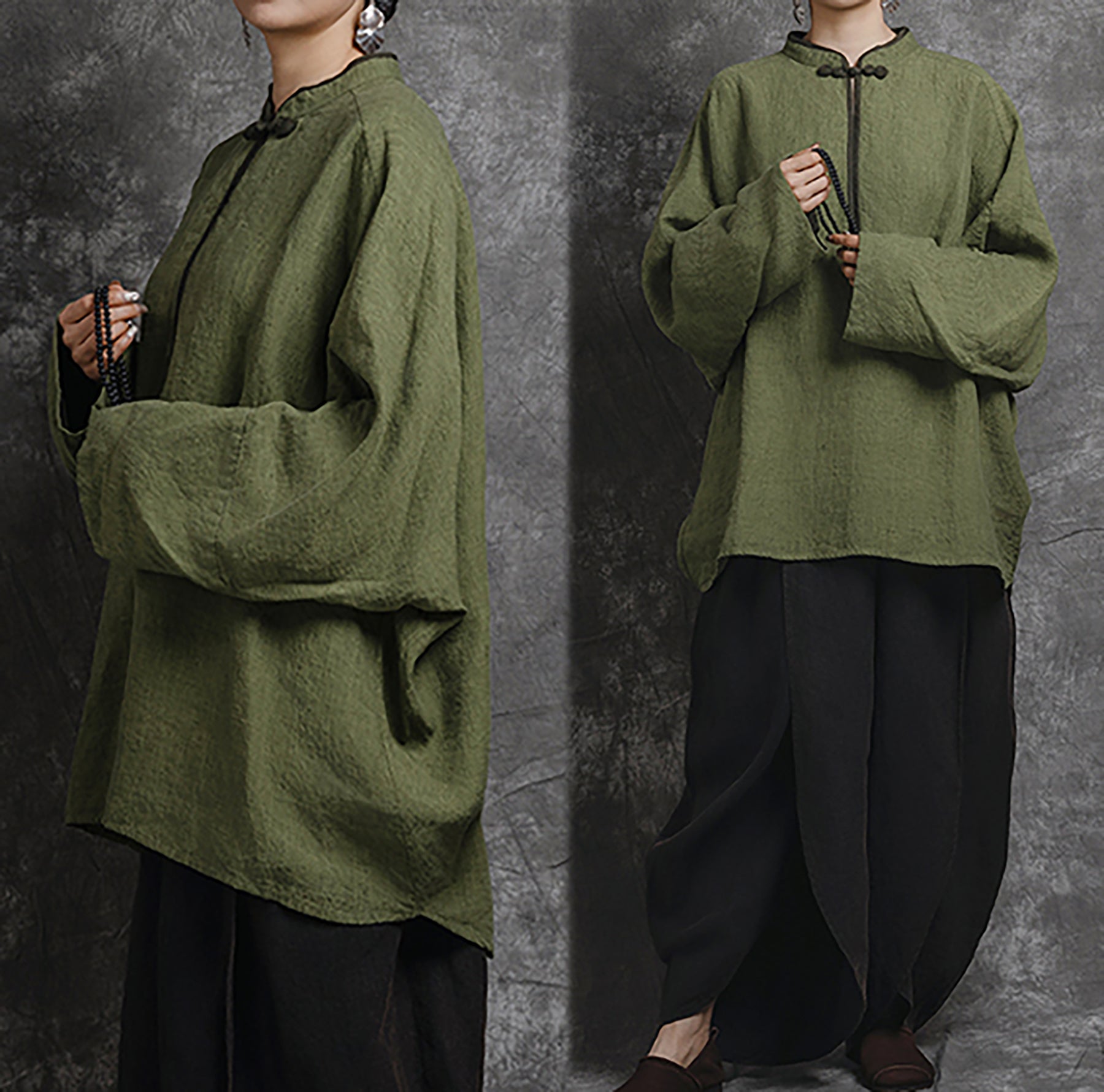 edoa Loose Yarn Dyed Linen Batwing Blouse