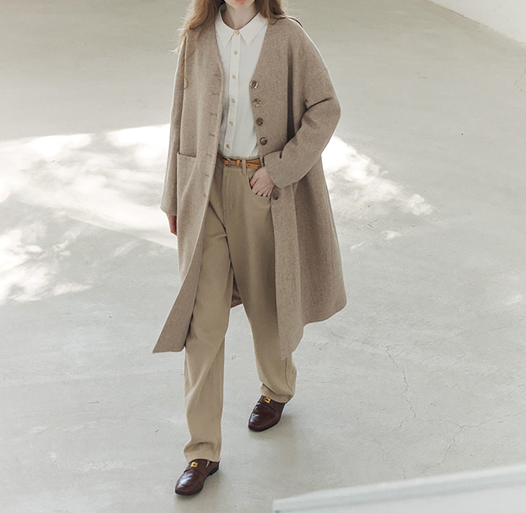 edoa Elegant V-neck Wool Long Coat