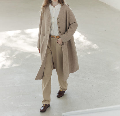 edoa Elegant V-neck Wool Long Coat