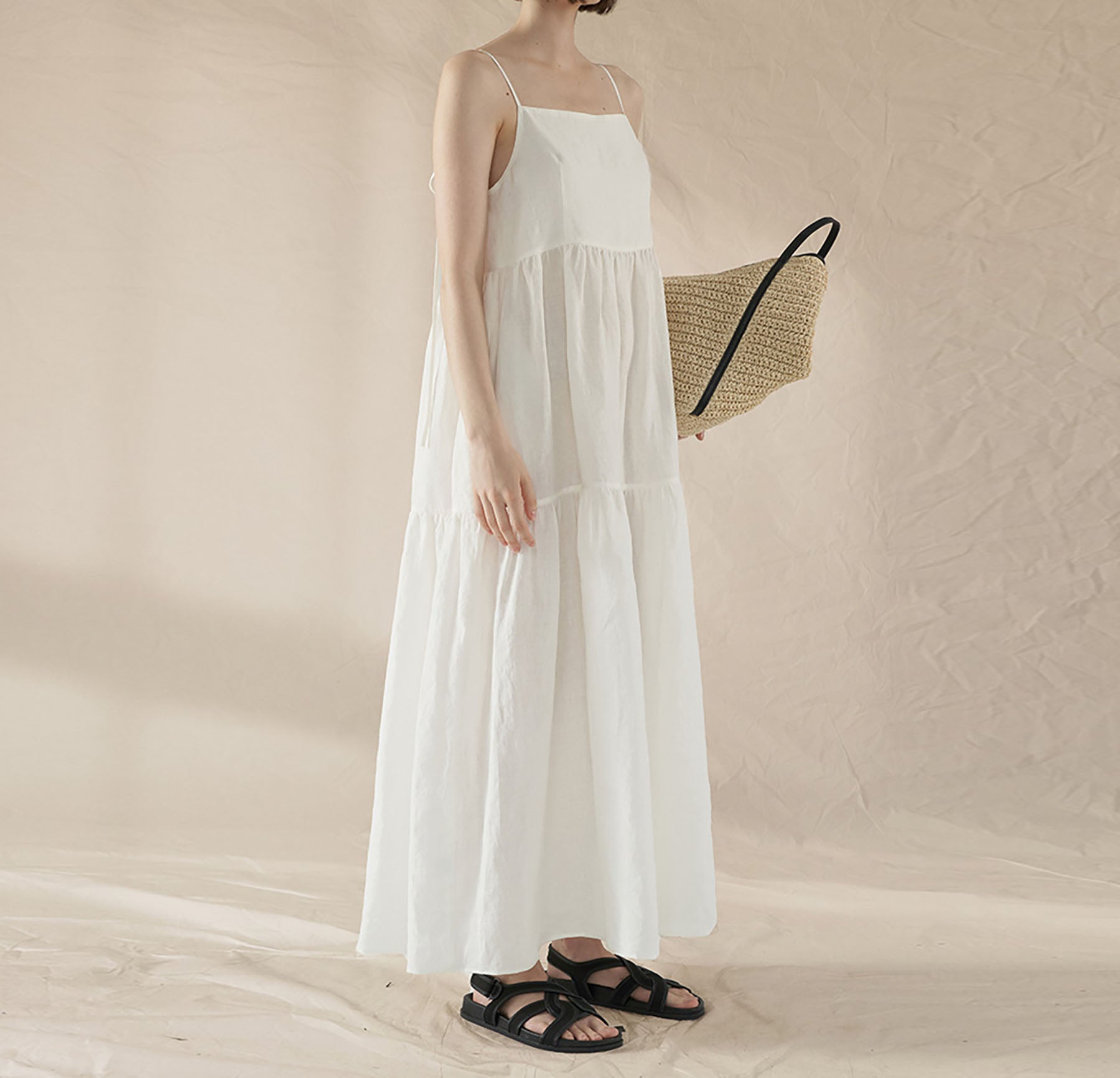 edoa White Linen Tiered Camisole Dress 