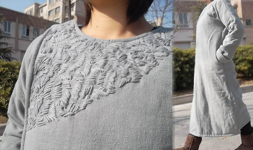 edoa Hand Embroidered Washed Linen Padding Coat