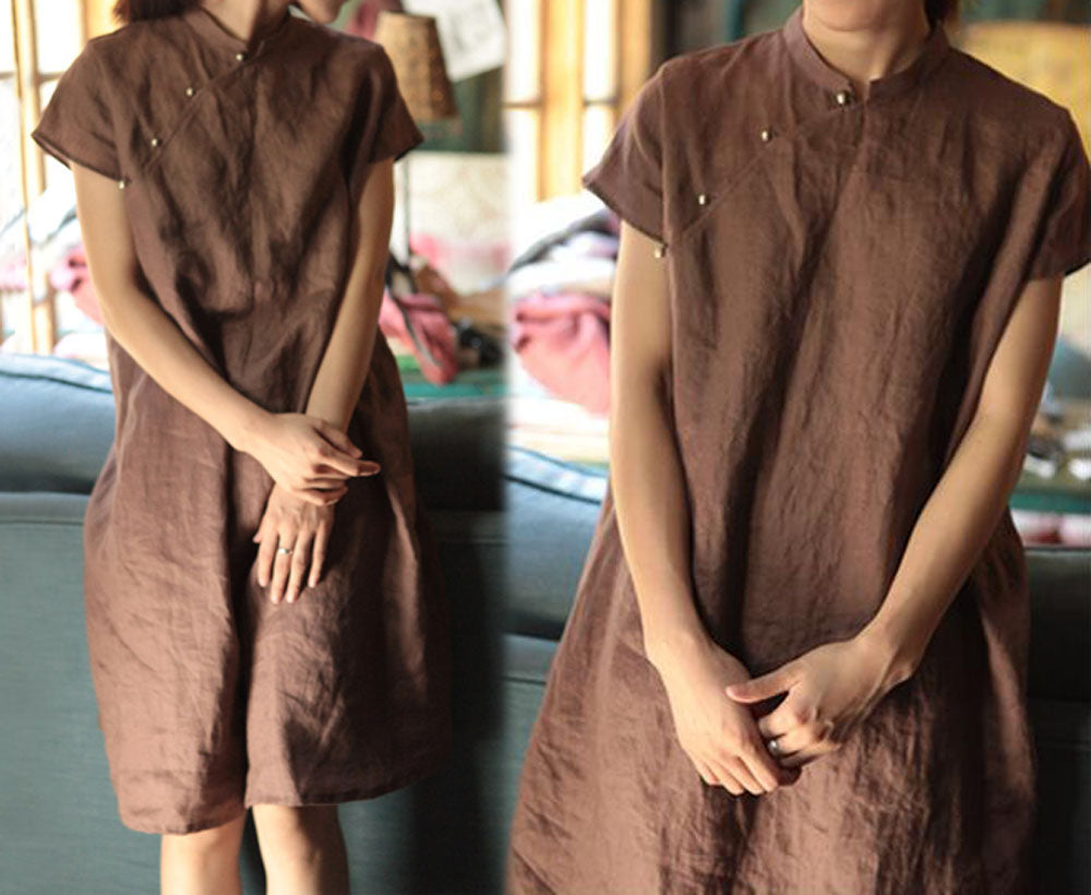 edoa Vintage Style Washed Linen Qipao