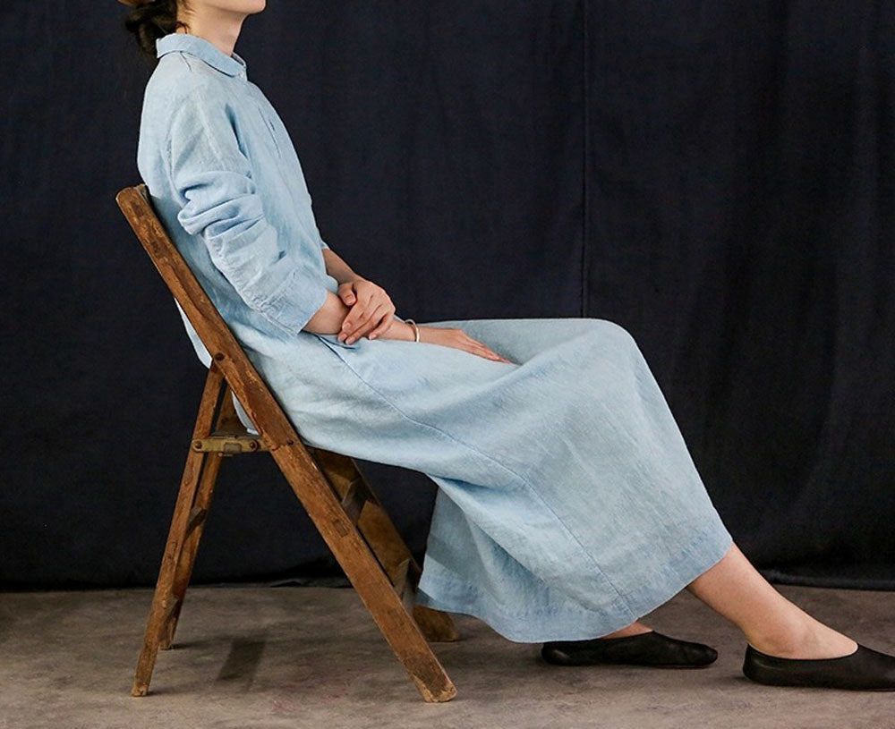 edoa Yarn Dyed Linen A Line Shirtdress