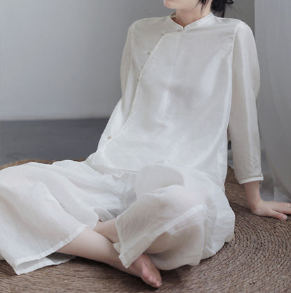 edoa White Thin Dupioni Silk Qipao