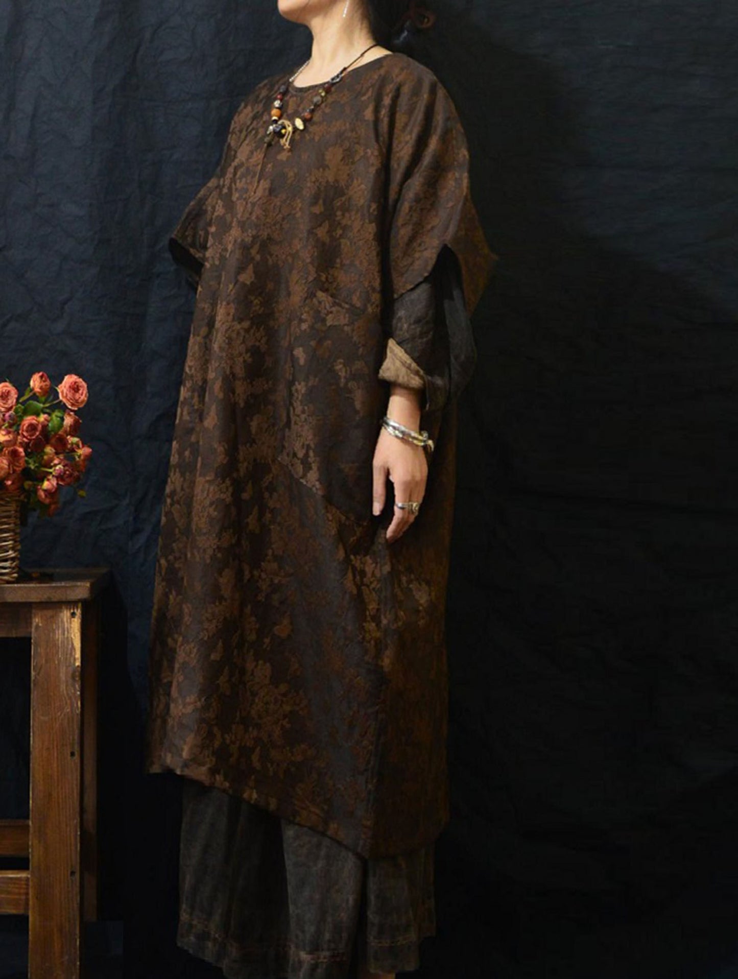 edoa Plant Dyed Silk Wool Blend Jacquard Tunic 