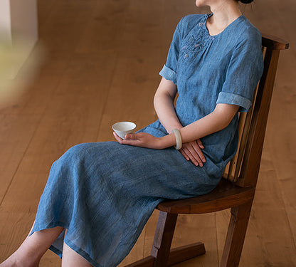 edoa Hand Embroidered Tie Dyed Ramie V-neck Chinese Dress 