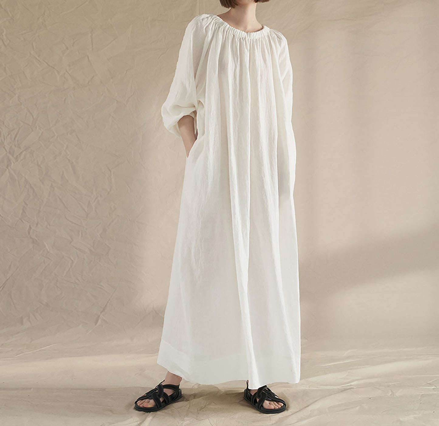 edoa Gathered Long Linen Dress 