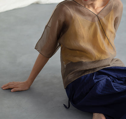edoa Brown and Beige See-Through Silk T-Shirt 