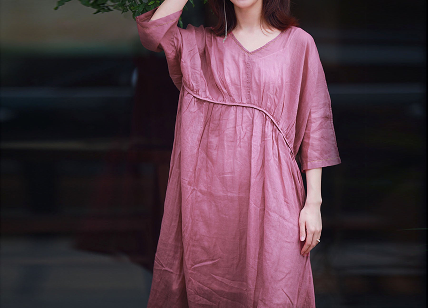 edoa Ramie Curved Waistline Maxi Dress