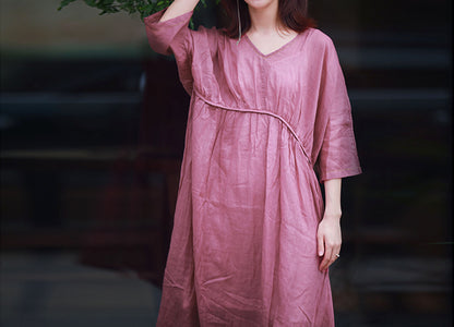 edoa Ramie Curved Waistline Maxi Dress
