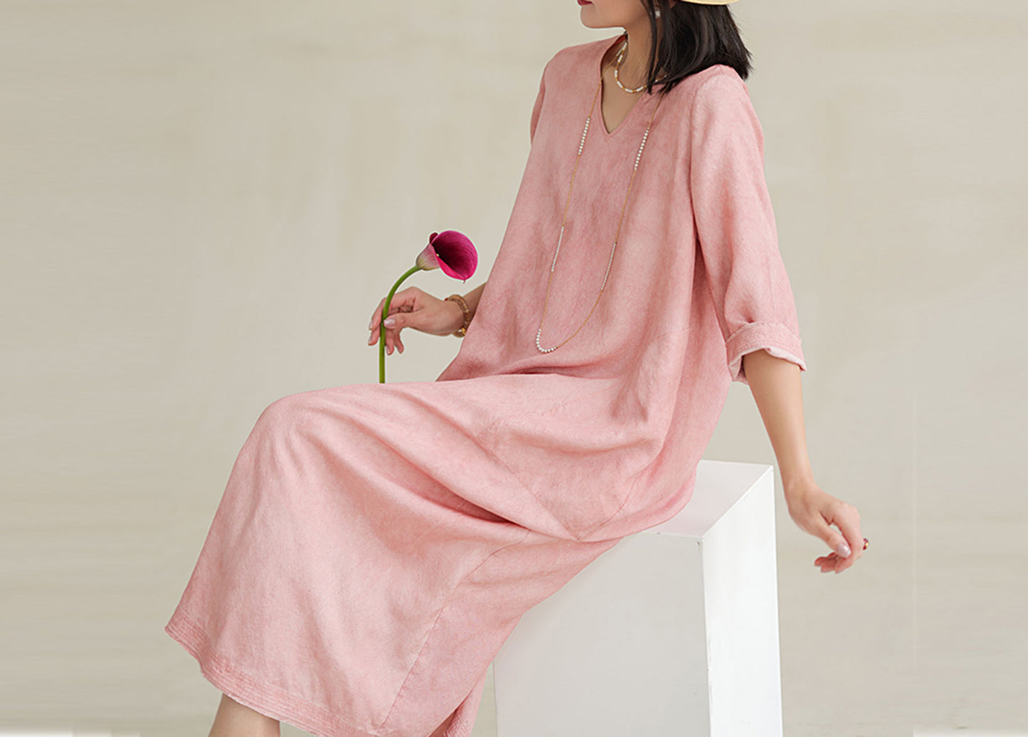 edoa Distressed Plant Dyed Tussah Silk V-neck Dress