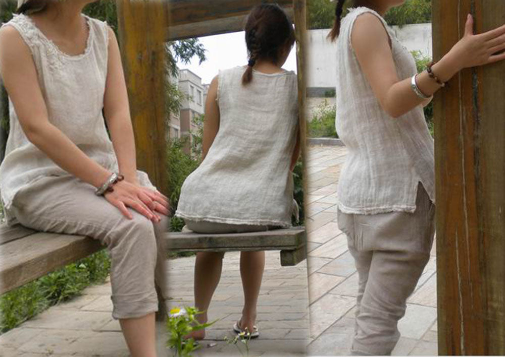 edoa Hand Embroidered Double Layer Gauzy Linen Summer Tank